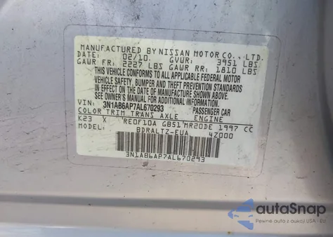 2010 Nissan Sentra 2.0S из США, поврежденный, VIN 3N1AB6AP7AL670293